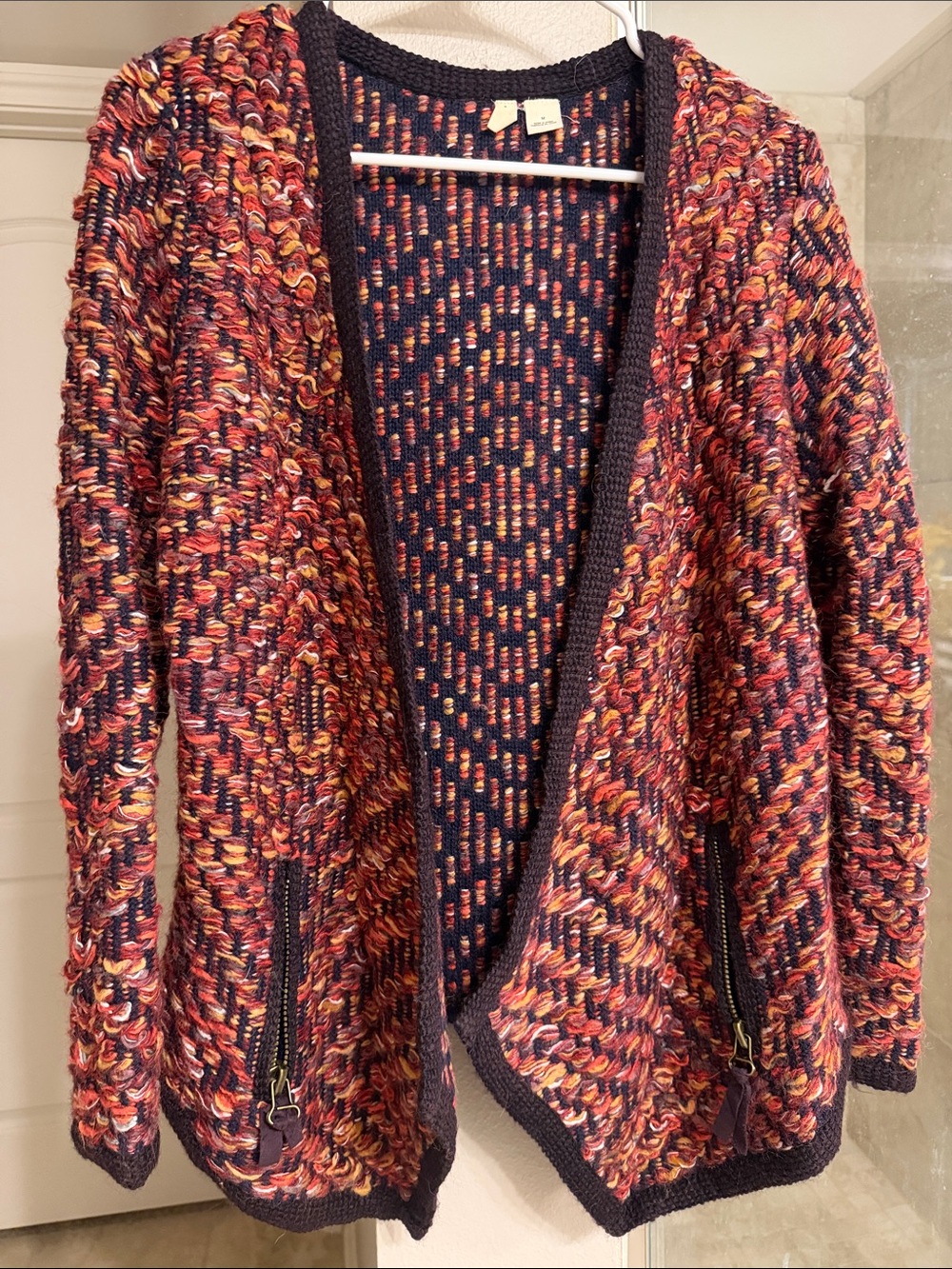EUC Anthropologie Moth Multicolor Knit Open-Front Cardigan with Navy Trim
